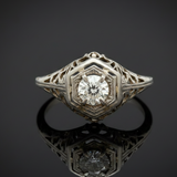 Art Deco .46ct. Old European Cut Diamond Filigree 14k White Gold Ring