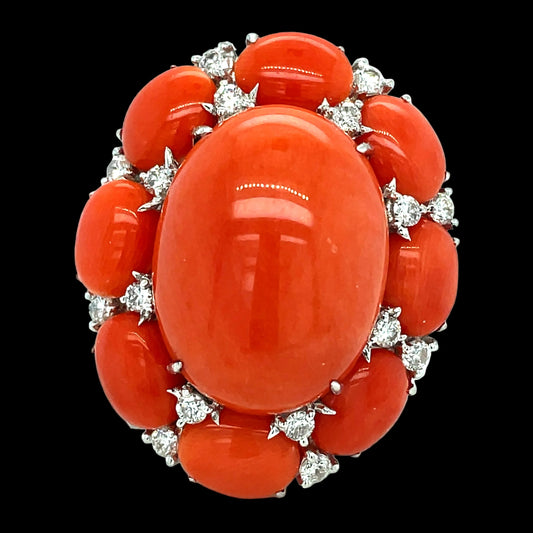 Coral and Diamond 18K White Gold Ring