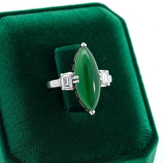 Estate 18 x 6 mm Jade Diamond Platinum Ring 14199