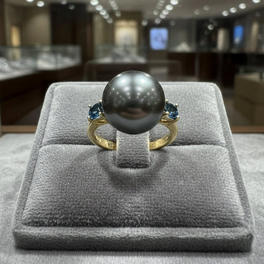 Effy London Blue Topaz & Black Tahitian Pearl Ring