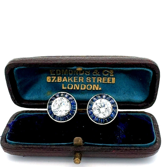 Art Deco Reproduction Aristocrat 1.93 ctw French Cut Sapphire Diamond 18K White Gold Earrings