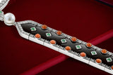Diamond, Coral, Emerald, Pearl and Onyx 18K White Gold Necklace