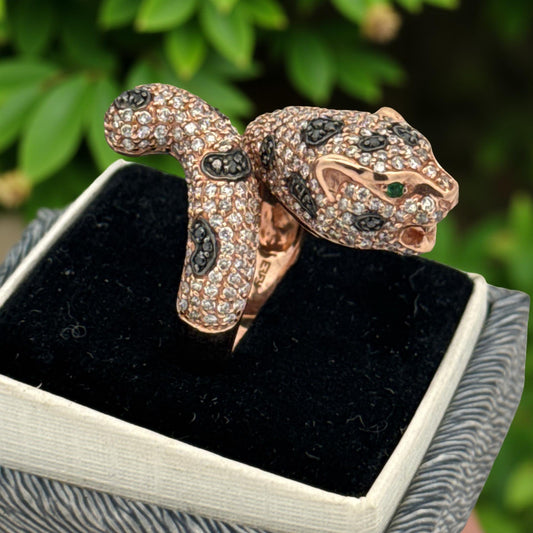 Effy White and Black Diamond, Emerald and 14K Rose Gold Panther Ring