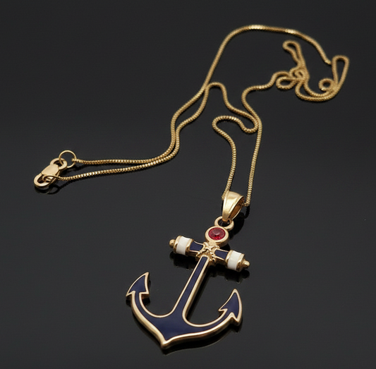 Yacht Lady Anchor Red White Blue 14K Yellow Gold Necklace