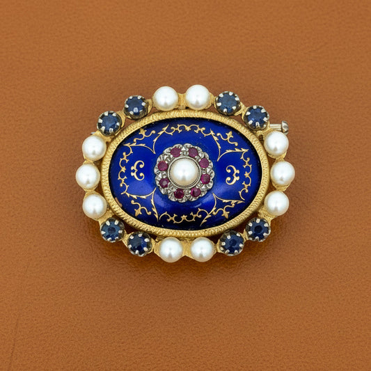 Victorian Revival Cobalt Blue Enamel, Pearl, Pink and Blue Sapphire 18K Yellow Gold Brooch