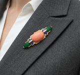 David Webb Coral, Emerald, Diamond and Lapis Lazuli Brooch