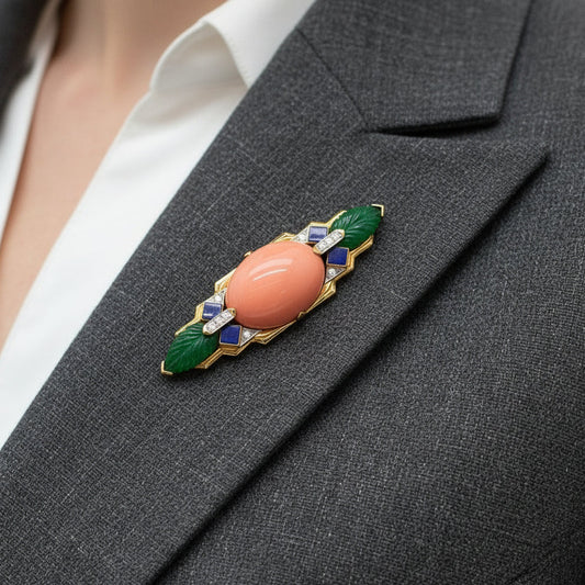 David Webb Coral, Emerald, Diamond and Lapis Lazuli Brooch