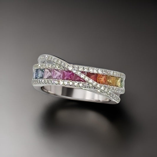 Effy Multi Color Sapphire, Diamond and 14K White Gold Bypass Ring