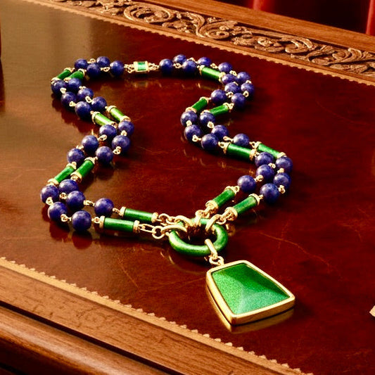 Vintage David Webb 1145cttw Lapis, Green Enamel 18Kt Yellow Gold 34" Necklace