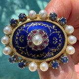 Victorian Revival Cobalt Blue Enamel, Pearl, Pink and Blue Sapphire 18K Yellow Gold Brooch