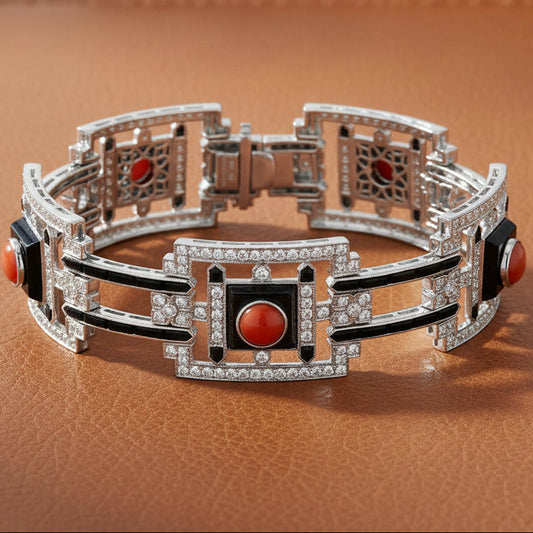 Custom Made Diamond Coral Onyx White 18K White Gold Bracelet
