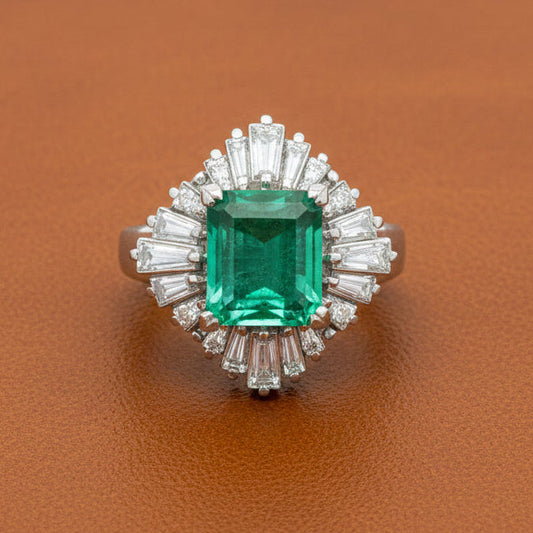Mid Century Modern Colombia Emerald and Diamond Platinum Ring