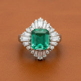 Mid Century Modern Colombia Emerald and Diamond Platinum Ring