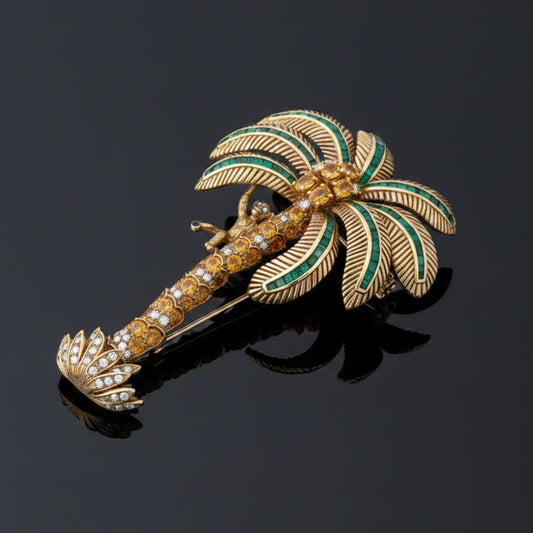 Italian Modern 1980's 18K Yellow God 15.00 cttw Yellow Sapphire, Emerald and Diamond Monkey on Palm Tree Brooch