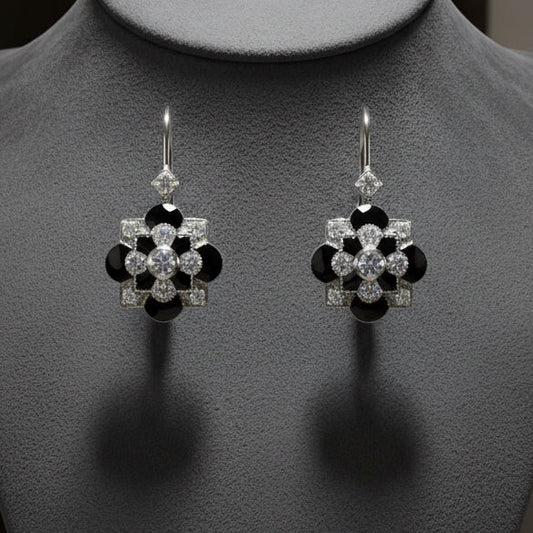 Diamond and Black Enamel Dangle 14K White Gold Earrings