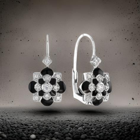 Diamond and Black Enamel Dangle 14K White Gold Earrings
