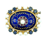 Victorian Revival Cobalt Blue Enamel, Pearl, Pink and Blue Sapphire 18K Yellow Gold Brooch