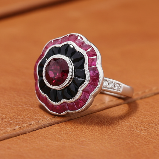 Ruby, Onyx, Diamond and 18K White Gold Ring