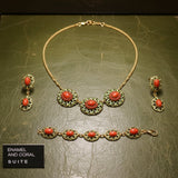 Italian 1960's Coral, Green & White Enamel 14kt/18kt Yellow Gold set