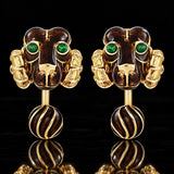 Estate David Webb Ram Head Green & Brown Enamel 18K Yellow Gold Cuff Links