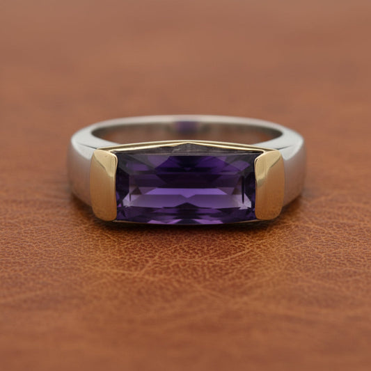 Italian Designer Checker Board Cut Amethyst 18K Yellow and White Gold Ring