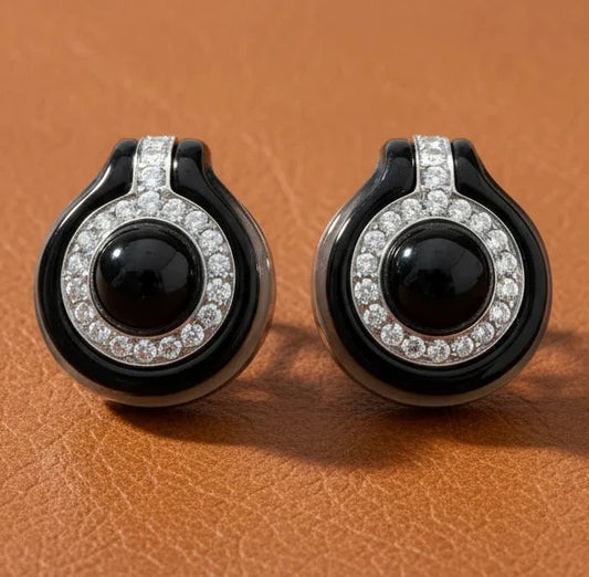 Onyx, Diamond and 18K Yellow Gold Earrings