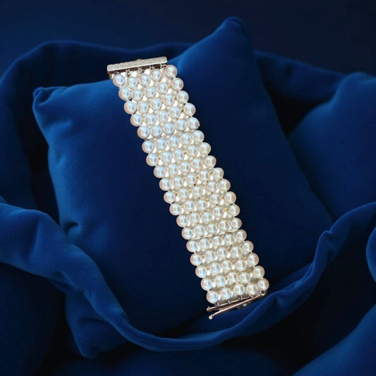 Italian 5 Row 7.75-8.50mm Fine Cultured Pearl 14K White Gold Wide Bracelet
