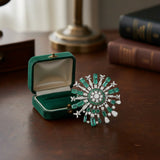 Mid Century 1960's Modern 14kt White Gold Emerald and Diamond Starburst Brooch