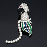 Tutti Frutti Influence Double Clip (Duette) Diamond, Onyx, Emerald, Sapphire, Ruby 18K White Gold Parrott Brooch
