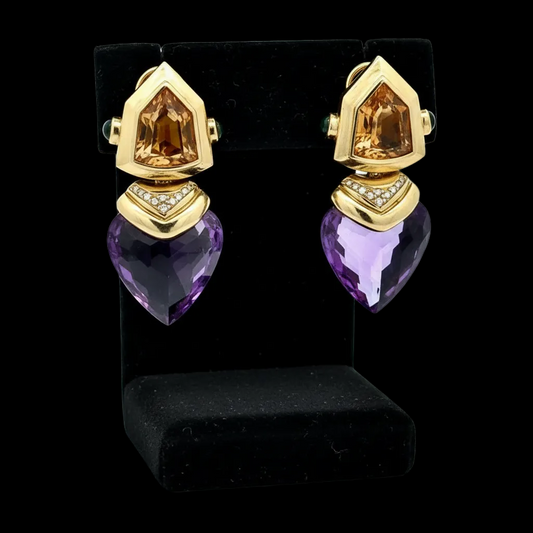 Personal Estate Of Hollywood Actress Diane Ladd 40 cttw Amethsyt 20 cttw Citrine and Diamond 18K YG Earrings 15299