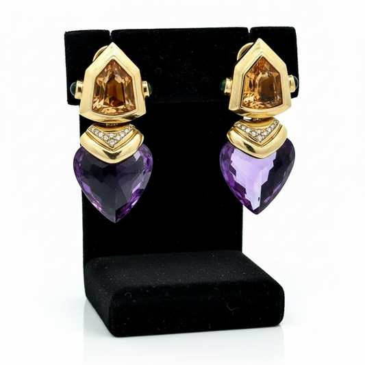 Personal Estate Of Hollywood Actress Diane Ladd 40 cttw Amethsyt 20 cttw Citrine and Diamond 18K YG Earrings 15299