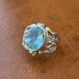 Designer K.C. 7.00ct Aquamarina and Peridot 18k White Gold Ring