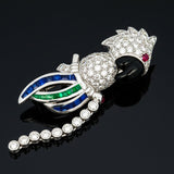 Tutti Frutti Influence Double Clip (Duette) Diamond, Onyx, Emerald, Sapphire, Ruby 18K White Gold Parrott Brooch