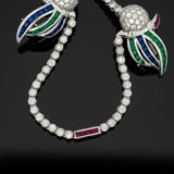 Tutti Frutti Influence Double Clip (Duette) Diamond, Onyx, Emerald, Sapphire, Ruby 18K White Gold Parrott Brooch