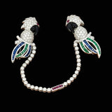 Tutti Frutti Influence Double Clip (Duette) Diamond, Onyx, Emerald, Sapphire, Ruby 18K White Gold Parrott Brooch