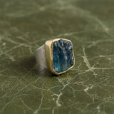 Modern Designer Rough Cut Aquamarine, Silver & 18kt Yellow Gold Set