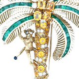 Italian Modern 1980's 18K Yellow God 15.00 cttw Yellow Sapphire, Emerald and Diamond Monkey on Palm Tree Brooch