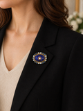 Victorian Revival Cobalt Blue Enamel, Pearl, Pink and Blue Sapphire 18K Yellow Gold Brooch