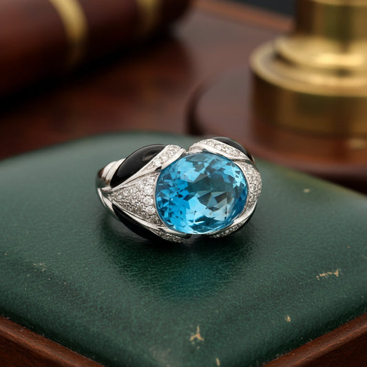 Modern Italian Onyx, Blue Topaz and Diamond 18kt White Gold Ring
