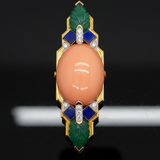 David Webb Coral, Emerald, Diamond and Lapis Lazuli Brooch