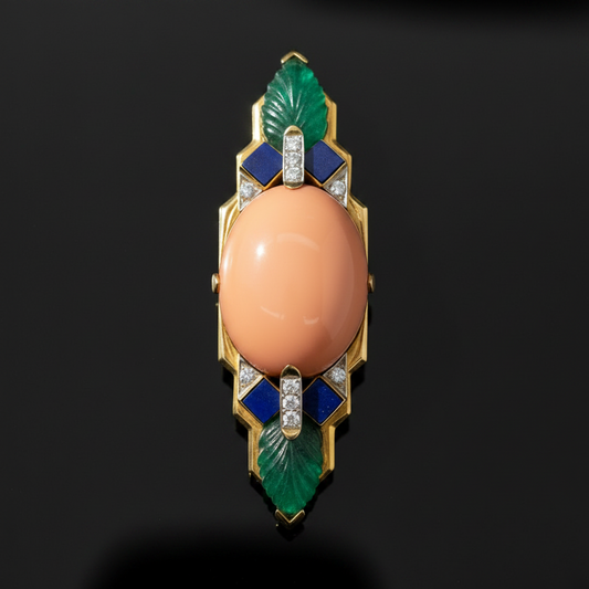 David Webb Coral, Emerald, Diamond and Lapis Lazuli Brooch