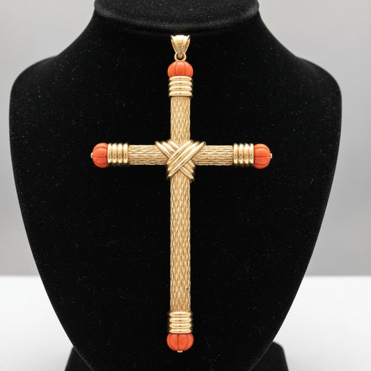 Estate "The Italian Holy Grail Coral Cross" 14K Yellow Gold Pendant 5" Inches Long 14294