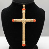 Estate "The Italian Holy Grail Coral Cross" 14K Yellow Gold Pendant 5" Inches Long 14294