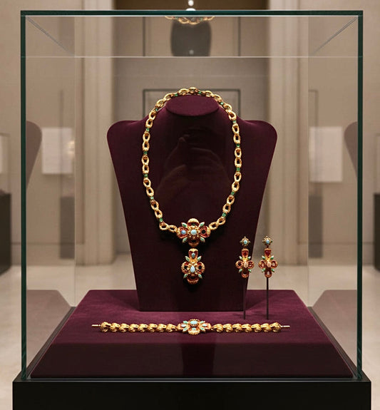 Victorian 1880's Emerald, Opal Suite in Original Box - Necklace, Pendant, Bracelet and Earrings 14Kt Yellow Gold