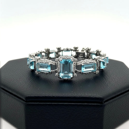 Modern Diamond and Blue Topaz 18K White Gold Bracelet