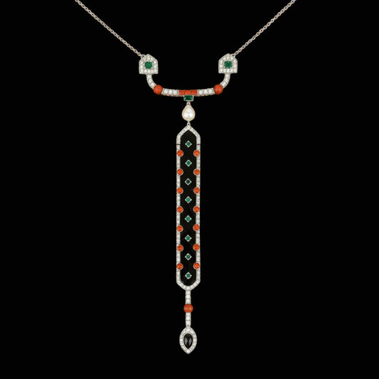 Diamond, Coral, Emerald, Pearl and Onyx 18K White Gold Necklace