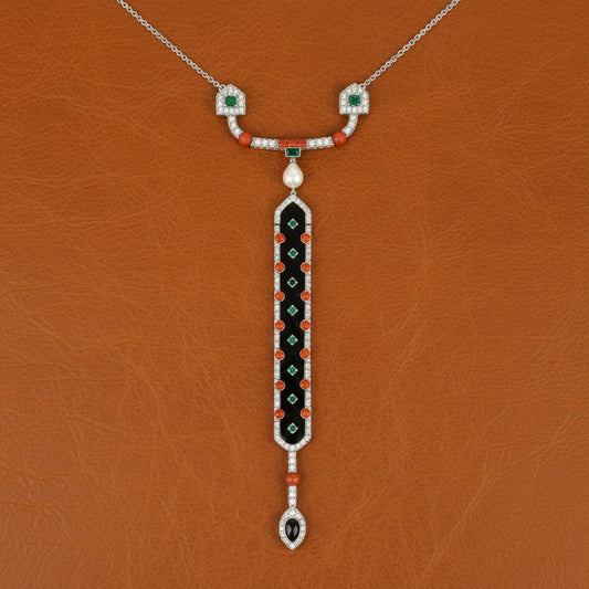Diamond, Coral, Emerald, Pearl and Onyx 18K White Gold Necklace