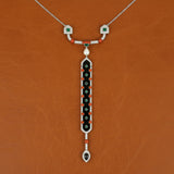 Diamond, Coral, Emerald, Pearl and Onyx 18K White Gold Necklace
