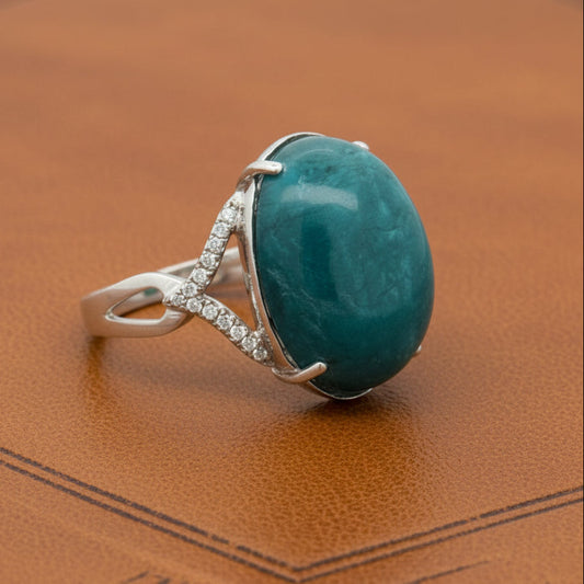 Large Oval Cabochon Tourmaline Diamond 18kt White Gold Statement Ring