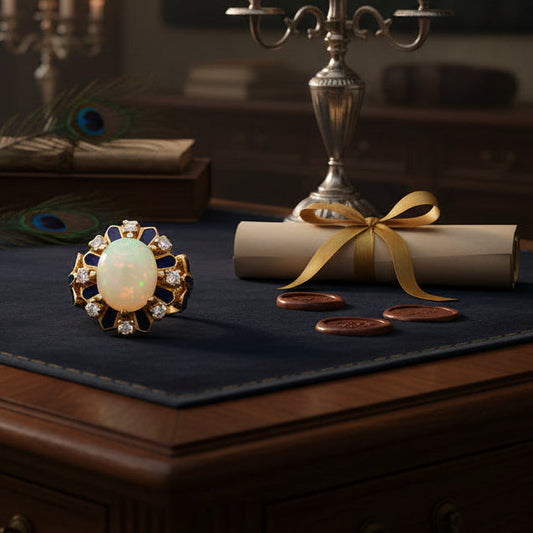 Estate Opal, Diamond and Blue Enamel 14K Yellow Gold Ring